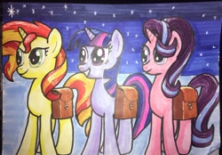 Size: 4032x2802 | Tagged: safe, artist:bbqninja501st, imported from derpibooru, starlight glimmer, sunset shimmer, twilight sparkle, alicorn, pony, absurd resolution, advent calendar, counterparts, night, saddle bag, snow, stars, traditional art, twilight sparkle (alicorn), twilight's counterparts