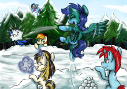 Size: 3024x2117 | Tagged: safe, artist:gaelledragons, imported from derpibooru, oc, oc only, oc:cheetwodash, oc:flashy, oc:little flame, oc:paradox nebula, oc:raving story, oc:red diamond, pegasus, pony, unicorn, clothes, eyes closed, female, flying, fun, glowing horn, group, magic, male, scarf, snow, snowball, snowball fight, tree