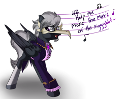 Size: 1986x1546 | Tagged: safe, artist:beardie, imported from derpibooru, oc, oc only, oc:masquerade, pegasus, pony, clothes, he'll take you to the bone zone, mask, phantom of the opera, ponified, simple background, singing, solo, white background