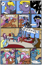 Size: 1989x3075 | Tagged: safe, artist:acesential, deleted from derpibooru, imported from derpibooru, oc, oc only, oc:bowtie, oc:mirage, oc:tiebreaker, draconequus, earth pony, pegasus, pony, comic:new beginnings, comic, convention, ponycon