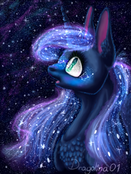 Size: 768x1024 | Tagged: safe, artist:dragolina01, imported from derpibooru, princess luna, alicorn, pony, big ears, bust, ethereal mane, eyelashes, female, galaxy mane, looking up, night, open mouth, solo, stargazing, stars, wide eyes