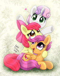 Size: 1425x1800 | Tagged: safe, artist:joakaha, imported from derpibooru, apple bloom, scootaloo, sweetie belle, earth pony, pegasus, pony, unicorn, adorabloom, apple bloom's bow, bow, cute, cutealoo, cutie mark crusaders, diasweetes, female, filly, foal, hair bow, heart, hug, lying down, open mouth, prone, signature, the cmc's cutie marks, trio, underhoof, weapons-grade cute