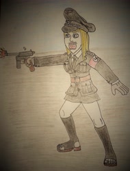 Size: 3367x4434 | Tagged: safe, imported from derpibooru, oc, oc only, oc:aryanne, human, absurd resolution, armband, boots, clothes, gun, handgun, hat, humanized, nazi, pistol, schutzstaffel, shooting, skirt, solo, swastika, traditional art, uniform