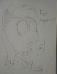 Size: 1010x1296 | Tagged: safe, artist:scientsit, imported from derpibooru, oc, oc only, oc:aryanne, earth pony, pony, clothes, female, flag, heart, nazi, photo, sketch, solo, swastika, traditional art, uniform