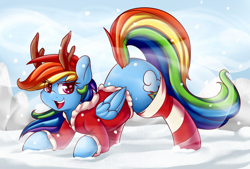 Size: 4000x2703 | Tagged: safe, artist:graphene, imported from derpibooru, rainbow dash, pegasus, pony, backwards cutie mark, christmas, clothes, costume, cute, dashabetes, female, hat, looking at you, mare, open mouth, reindeer antlers, reindeer dash, santa costume, santa hat, snow, snowfall, socks, solo, starry eyes, striped socks, wingding eyes, winter