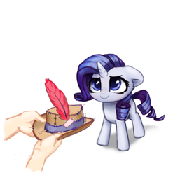 Size: 860x870 | Tagged: safe, artist:inowiseei, imported from derpibooru, part of a set, rarity, human, pony, cute, female, filly, filly rarity, hand, hat, offering, raribetes, simple background, smiling, solo, white background, younger