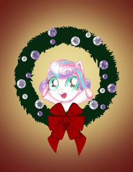 Size: 1280x1656 | Tagged: safe, artist:flutterluv, imported from derpibooru, princess flurry heart, pony, bust, christmas, christmas wreath, female, looking at you, open mouth, smiling, solo, underhoof
