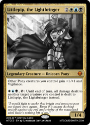 Size: 375x523 | Tagged: safe, artist:limreiart, editor:mordekaiserhuehuehue, imported from derpibooru, oc, oc only, oc:littlepip, pony, unicorn, fallout equestria, black and white, card, clothes, fanfic, fanfic art, female, grayscale, jumpsuit, magic the gathering, mare, monochrome, pipbuck, solo, vault suit