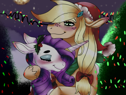 Size: 1600x1200 | Tagged: safe, artist:brainiac, imported from derpibooru, applejack, rarity, blushing, christmas, clothes, dancing, female, freckles, hat, holly, hug, lesbian, rarijack, santa hat, shipping, unshorn fetlocks