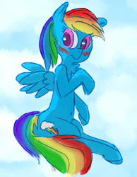 Size: 1400x1800 | Tagged: safe, artist:dragoncircle, imported from derpibooru, rainbow dash, pony, blushing, colored pupils, cute, female, flying, in air, rainbow, sketchy, solo, wings
