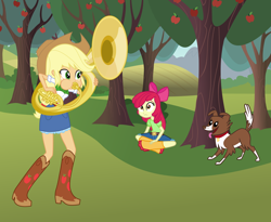 Size: 3752x3084 | Tagged: safe, artist:discorded-joker, artist:haleyc4629, imported from derpibooru, apple bloom, applejack, winona, equestria girls, boots, cowboy boots, listening, music, musical instrument, playing instrument, shoes, sousaphone, tuba, tubajack, watching
