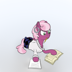 Size: 1000x1000 | Tagged: safe, artist:yakoshi, imported from derpibooru, cheerilee, pony, book, female, mouth hold, pencil, solo, studying