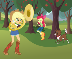 Size: 3768x3088 | Tagged: safe, artist:discorded-joker, artist:haleyc4629, imported from derpibooru, apple bloom, applejack, winona, equestria girls, apple, apple tree, boots, cowboy boots, dancing, food, happy, music, musical instrument, playing instrument, shoes, sousaphone, tree, tuba, tubajack