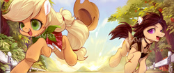 Size: 1851x780 | Tagged: safe, artist:ciciya, imported from derpibooru, applejack, oc, earth pony, pony, clothes, duo, forest, happy, hat, male, open mouth, running, watermark