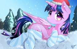 Size: 1785x1155 | Tagged: safe, artist:kawaiipony2, imported from derpibooru, twilight sparkle, alicorn, pony, clothes, cute, dock, female, hat, looking at you, santa hat, snow, snowfall, socks, solo, striped socks, thigh highs, tree, twilight sparkle (alicorn)