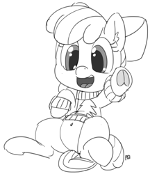 Size: 1280x1482 | Tagged: safe, artist:pabbley, imported from derpibooru, apple bloom, pony, adorabloom, belly button, christmas sweater, clothes, cute, female, monochrome, open mouth, simple background, sitting, smiling, solo, sweater, underhoof, white background