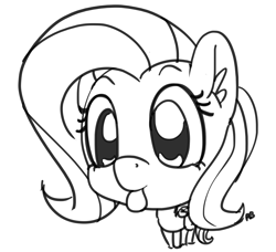 Size: 1280x1165 | Tagged: safe, artist:pabbley, imported from derpibooru, fluttershy, pony, chibi, cute, female, monochrome, simple background, solo, tongue out, white background