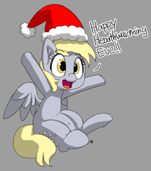 Size: 4481x5076 | Tagged: safe, artist:pabbley, imported from derpibooru, derpy hooves, pegasus, pony, absurd resolution, belly button, dialogue, female, happy, hat, mare, open mouth, santa hat, simple background, sitting, solo, underp