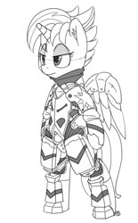 Size: 1190x1920 | Tagged: safe, artist:pabbley, imported from derpibooru, twilight sparkle, alicorn, pony, alternate hairstyle, armor, bipedal, female, monochrome, punklight sparkle, simple background, solo, twilight sparkle (alicorn), white background