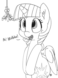 Size: 1280x1716 | Tagged: safe, artist:pabbley, imported from derpibooru, twilight sparkle, alicorn, pony, bipedal, dialogue, female, mistletoe, monochrome, open mouth, simple background, solo, twilight sparkle (alicorn), white background