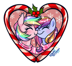 Size: 1024x928 | Tagged: safe, artist:xwhitedreamsx, imported from derpibooru, oc, oc only, oc:glittering cloud, oc:paper stars, bat pony, pony, blushing, candy, candy cane, clothes, cute, cute little fangs, ear fluff, fangs, female, food, glitterstars, holly, holly mistaken for mistletoe, lesbian, scarf, simple background, smiling, transparent background