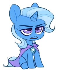 Size: 1080x1080 | Tagged: safe, artist:aphphphphp, imported from derpibooru, trixie, pony, unicorn, female, mare, missing accessory, open mouth, simple background, sitting, solo, trixie's cape, unamused, white background