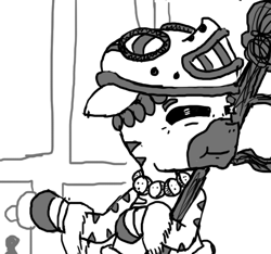 Size: 640x600 | Tagged: safe, artist:ficficponyfic, imported from derpibooru, oc, oc only, pony, zebra, colt quest, adult, eyes closed, happy, jewelry, male, mask, monochrome, necklace, old, shaman, smiling, solo, staff, stallion, story included, wood