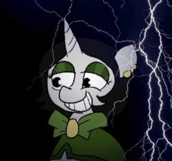Size: 500x468 | Tagged: safe, imported from derpibooru, oc, oc only, oc:joyride, pony, unicorn, colt quest, adult, animated, clothes, eyeshadow, face of mercy, female, gif, grin, image macro, imminent sex, lightning, makeup, mantle, mare, meme, rapeface, smiling, solo