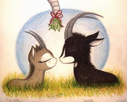 Size: 1336x1076 | Tagged: safe, artist:thefriendlyelephant, imported from derpibooru, oc, oc only, oc:sabe, oc:uganda, antelope, giant sable antelope, about to kiss, animal in mlp form, christmas, elephant trunk, grass, horns, kissing, meme, mistletoe, otp, traditional art