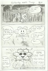 Size: 1594x2338 | Tagged: safe, artist:brianchoobrony-artie, imported from derpibooru, fluttershy, comic, crossover, flowey, monochrome, undertale