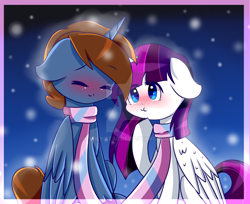 Size: 1024x836 | Tagged: safe, artist:twily-star, imported from derpibooru, oc, oc only, oc:headlong flight, oc:twily star, alicorn, alicorn oc, blushing, clothes, cute, gift art, horn, scarf, snow, watermark, wings