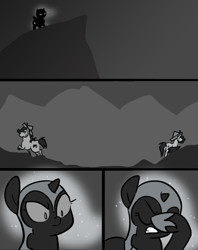 Size: 666x842 | Tagged: safe, artist:egophiliac, imported from derpibooru, nightmare moon, oc, oc:cupcake crumbles, oc:sparkleheart, bat pony, pony, moonstuck, cartographer's cap, cliff, comic, dark woona, didn't think this through, facehoof, filly, grayscale, hat, monochrome, nightmare woon