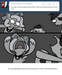 Size: 666x800 | Tagged: safe, artist:egophiliac, imported from derpibooru, princess luna, oc, oc:sunshine smiles (egophiliac), oc:ziggy, bat pony, pony, moonstuck, animated, cartographer's cap, eyepatch, filly, flailing, gif, grayscale, hat, monochrome, moonitaur, panic, woona, woonoggles, younger