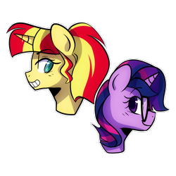 Size: 1000x1000 | Tagged: safe, artist:little-tweenframes, deleted from derpibooru, imported from derpibooru, sci-twi, sunset shimmer, twilight sparkle, pony, series:sciset diary, counterparts, female, lesbian, ponified, scitwishimmer, shipping, simple background, sunsetsparkle, transparent background, twilight's counterparts