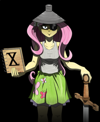 Size: 798x980 | Tagged: safe, artist:pedantczepialski, imported from derpibooru, fluttershy, equestria girls, alternate universe, book, equestria girls: the parody series, eyepatch, female, funnel, looking at you, solo, sword, weapon