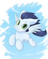 Size: 1100x1349 | Tagged: safe, artist:skecchiart, imported from derpibooru, soarin', pegasus, pony, colt, cute, feathered wings, flying, looking at you, male, sky, smiling, solo, spread wings, wings