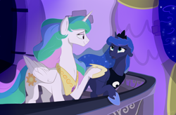 Size: 1024x671 | Tagged: safe, artist:rutkotka, imported from derpibooru, princess celestia, princess luna, alicorn, pony, balcony, duo, fanfic, fanfic art, female, mare, royal sisters