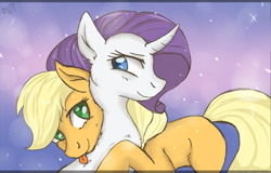 Size: 1091x699 | Tagged: safe, artist:sango-mt, imported from derpibooru, applejack, rarity, female, lesbian, licking, rarijack, shipping, tongue out