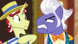 Size: 1280x720 | Tagged: safe, imported from derpibooru, screencap, flim, gladmane, pony, viva las pegasus, angry, bowtie, clothes, epaulettes, frown, glare, gritted teeth, hat, shirt, straw hat, tuxedo, vest