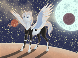 Size: 2048x1536 | Tagged: safe, artist:perle-de-suie, imported from derpibooru, oc, oc only, oc:platinum steel, alicorn, pegasus, pony, clothes, male, moon, solo, space, stallion