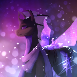 Size: 1600x1600 | Tagged: safe, artist:myralilth, imported from derpibooru, oc, oc only, oc:memorynumber, changeling, changeling oc, clothes, purple changeling, scarf, snow, solo, spread wings