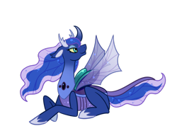 Size: 1024x800 | Tagged: safe, artist:maskarie, imported from derpibooru, princess luna, changedling, changeling, to where and back again, changedlingified, changelingified, curved horn, female, floppy ears, hoof shoes, horn, lidded eyes, lying down, prone, simple background, smiling, solo, species swap, spread wings, transparent background, wings, yellow sclera
