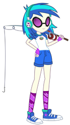 Size: 1441x2591 | Tagged: safe, artist:sketchmcreations, imported from derpibooru, dj pon-3, vinyl scratch, equestria girls, legend of everfree, camp everfree outfits, clothes, converse, earbuds, female, fishing rod, glasses, hand on hip, shoes, shorts, simple background, smiling, sneakers, solo, transparent background, vector