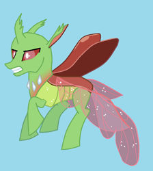 Size: 680x760 | Tagged: safe, artist:watermelon changeling, derpibooru exclusive, imported from derpibooru, arista, changedling, changeling, to where and back again, angry, blue background, flying, green changeling, ms paint, simple background, solo, spread wings