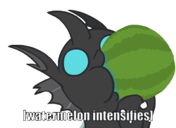 Size: 382x279 | Tagged: safe, edit, editor:watermelon changeling, imported from derpibooru, changeling, animated, caption, changeling loves watermelon, cute, cuteling, drool, eating, extreme speed animation, fangs, food, gif, hoof hold, meme, nom, seizure warning, shaking, simple background, sitting, transparent background, vibrating, wat, watermelon, wide eyes, x intensifies