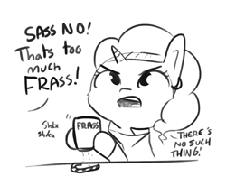 Size: 935x807 | Tagged: safe, artist:tjpones, imported from derpibooru, saffron masala, pony, unicorn, candy, candy cane, cheek fluff, clothes, cute, dialogue, female, fluffy, food, frown, glare, grayscale, hoof hold, looking up, mare, monochrome, offscreen character, open mouth, saffronbetes, sassafras, sassy, shaking, simple background, sketch, solo, white background