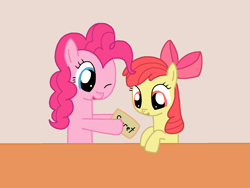 Size: 1600x1200 | Tagged: safe, artist:franzeir, imported from derpibooru, apple bloom, pinkie pie, one eye closed, simple background, wink
