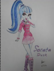 Size: 3000x4000 | Tagged: safe, artist:brianchoobrony-artie, imported from derpibooru, sonata dusk, equestria girls, boots, clothes, female, jewelry, necklace, ponytail, skirt, socks, solo, traditional art