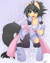 Size: 800x1000 | Tagged: safe, artist:larkdraws, imported from derpibooru, oc, oc only, oc:blossomfall, pony, semi-anthro, unicorn, bipedal, clothes, cosplay, costume, sheena fujibayashi, solo, tales of symphonia