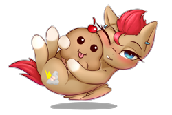 Size: 1800x1200 | Tagged: safe, artist:captainpudgemuffin, imported from derpibooru, oc, oc only, oc:avery softequine, pegasus, pony, 2017 community collab, derpibooru community collaboration, blushing, ear piercing, floating, looking at you, muffin, one eye closed, piercing, plushie, simple background, tongue out, transparent background